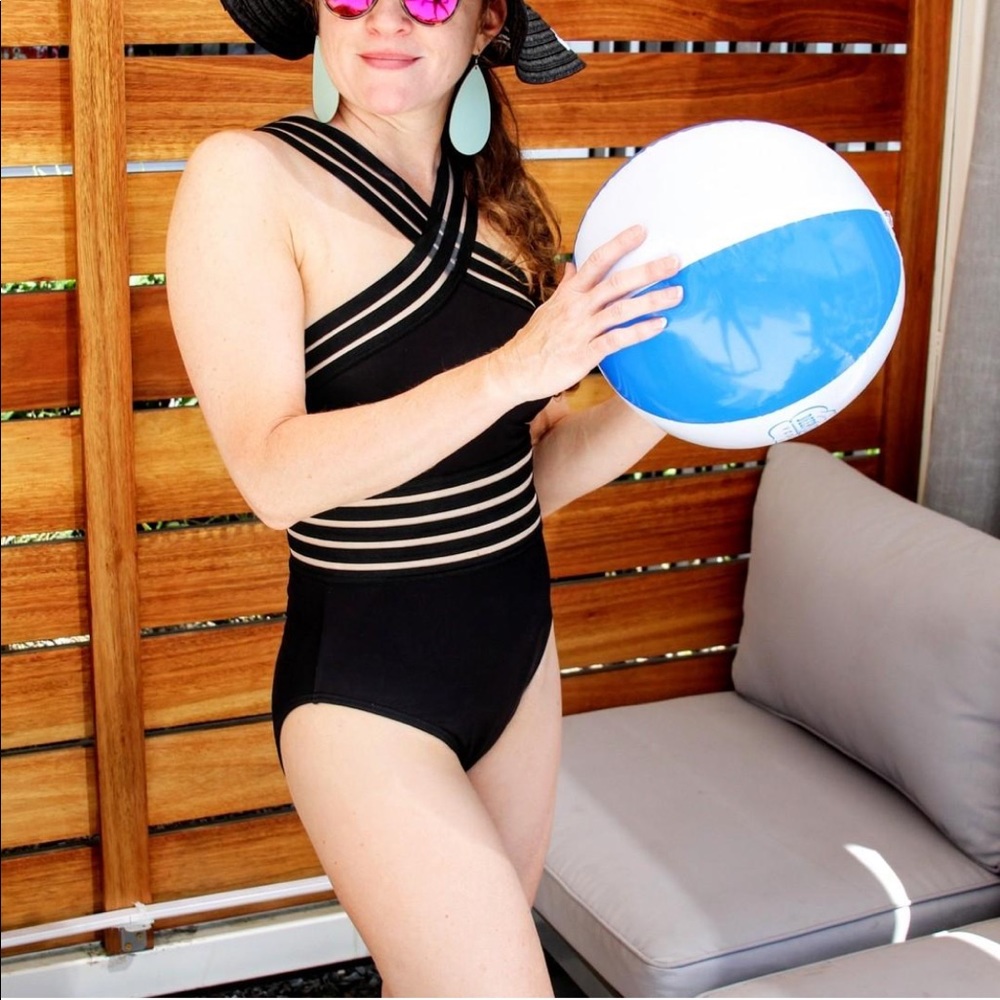 Black One piece Halter Swimsuit with mesh accent